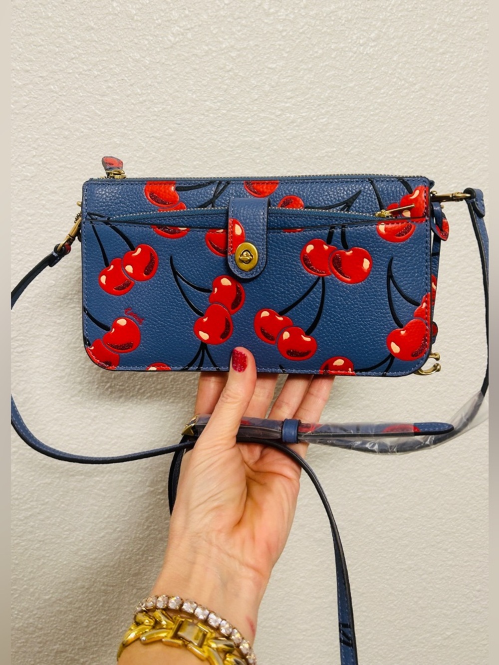Coach Cherry Print Blue Crossbody Wallet Bag 8 inches New - Picture 10 of 12